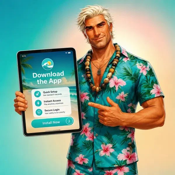 App de Android de Gambloria brillando en tablet mientras leyenda del surf demuestra el proceso de descarga