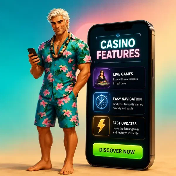 Surf Legend comprobando juegos en vivo en su teléfono en el centro de funciones de Gambloria Casino