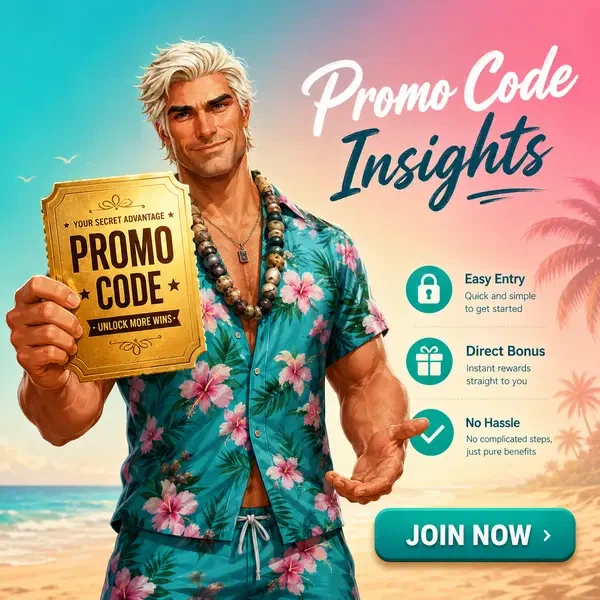 Cupón de código promocional dorado sostenido por leyenda del surf en el portal de playa de Gambloria
