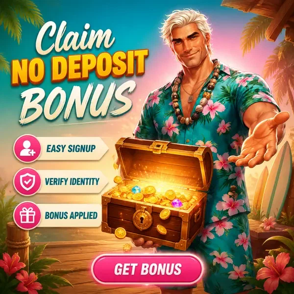El Surf Legend presentando cofre del tesoro brillante para la reclamación del bono sin depósito de Gambloria