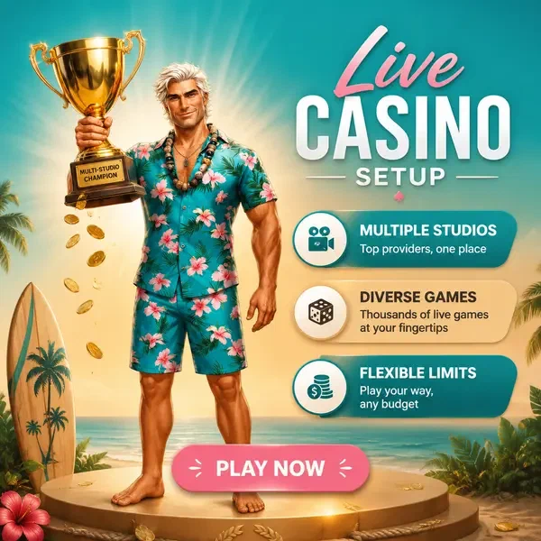 Surfista maduro sosteniendo trofeo dorado en configuración de casino en vivo de Evolution Gaming