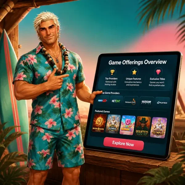 Surf Legend presentando juegos de tragaperras en Gambloria Casino en pantalla de tablet brillante