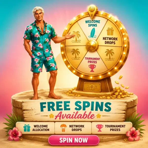 El Surf Legend revelando la rueda de giros gratis en el podio de playa de Gambloria Casino
