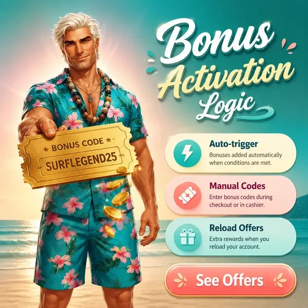 Leyenda del Surf sosteniendo cupón de código promocional en la playa de Lógica de Activación Automática vs Entrada Manual de Código