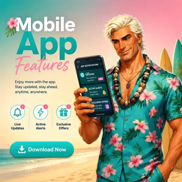 Surf Legend revisando notificaciones de app móvil en smartphone brillante en playa de Gambloria