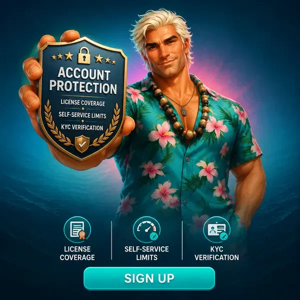 Leyenda del surf presentando insignia de seguridad mientras se registra en Gambloria Casino