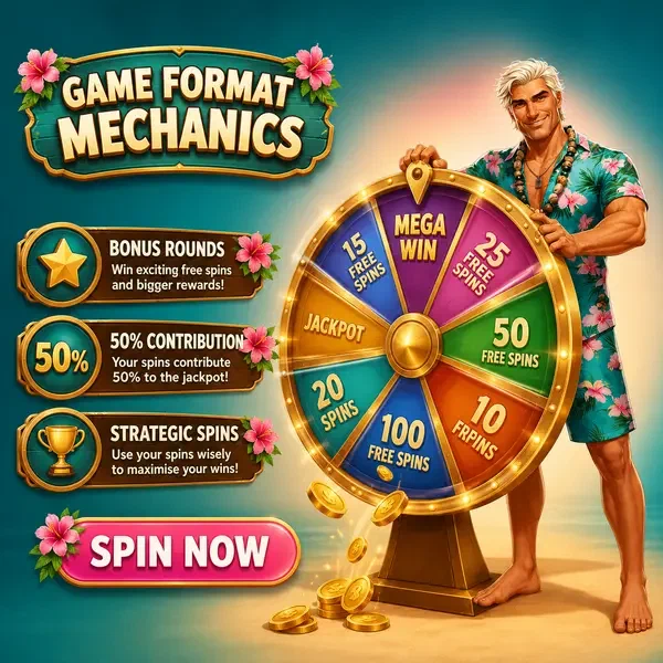 Surfista experimentado girando rueda de premios en Gambloria Slots Free Play para juegos de tragaperras bonus
