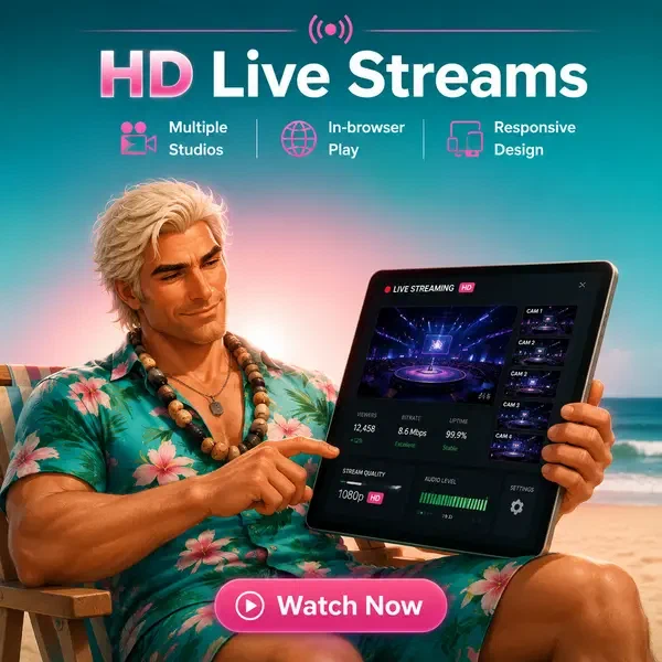 Leyenda del surf ajustando streams en vivo HD en tablet en configuración de estudio inspirada en playa
