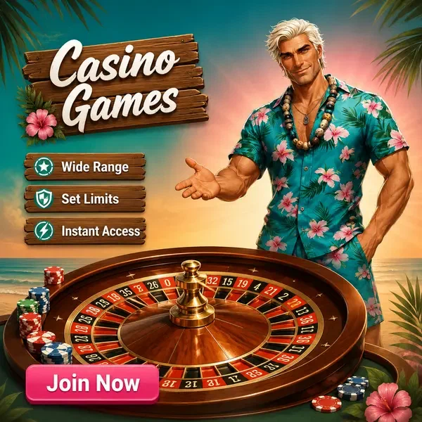 Anfitrión Surf Legend gesticulando hacia la ruleta en las mesas en vivo de Juegos de Casino Gambloria