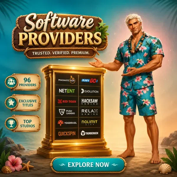Veteran surfer showcasing Gambloria's trusted software providers on golden pedestal